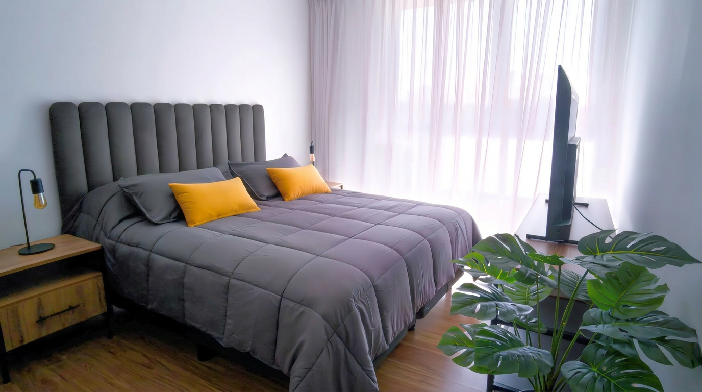 Luxury apartment bedroom with tango-inspired decor